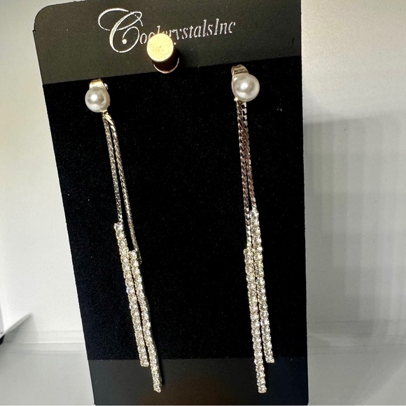 Silver Crystal Pearl Tassel Drop Earrings Long Rhinestone Bridal Prom - Picture 6 of 13